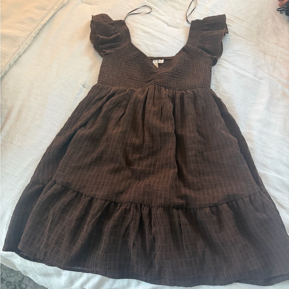 Brown Mini Dress with Smocked Bodice and Ruffle Sleeves